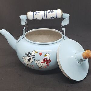 Vintage Enamel Tea Kettle with Country Goose Design and Ceramic Handle